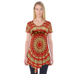 Gold And Red Mandala Short Sleeve Tunic  by Amaryn4rt