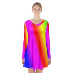 Multi Color Rainbow Background Long Sleeve Velvet V-neck Dress by Amaryn4rt