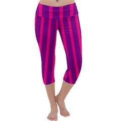 Deep Pink And Black Vertical Lines Capri Yoga Leggings