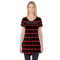 Red And Black Horizontal Lines And Stripes Seamless Tileable Short Sleeve Tunic 