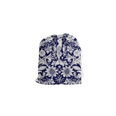 White Dark blue flowers Drawstring Pouches (XS) 