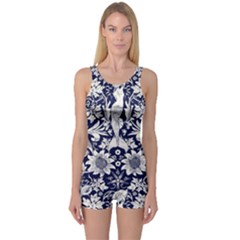 Deep blue flower One Piece Boyleg Swimsuit