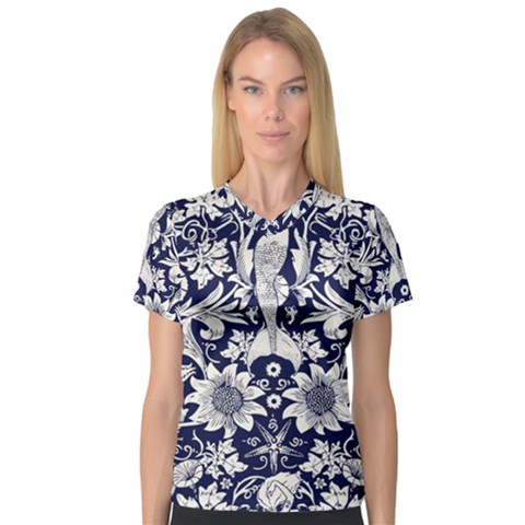 Deep Blue Flower Women s V-neck Sport Mesh Tee by Brittlevirginclothing