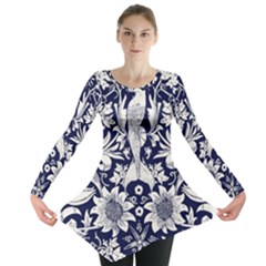 Deep Blue Flower Long Sleeve Tunic  by Brittlevirginclothing