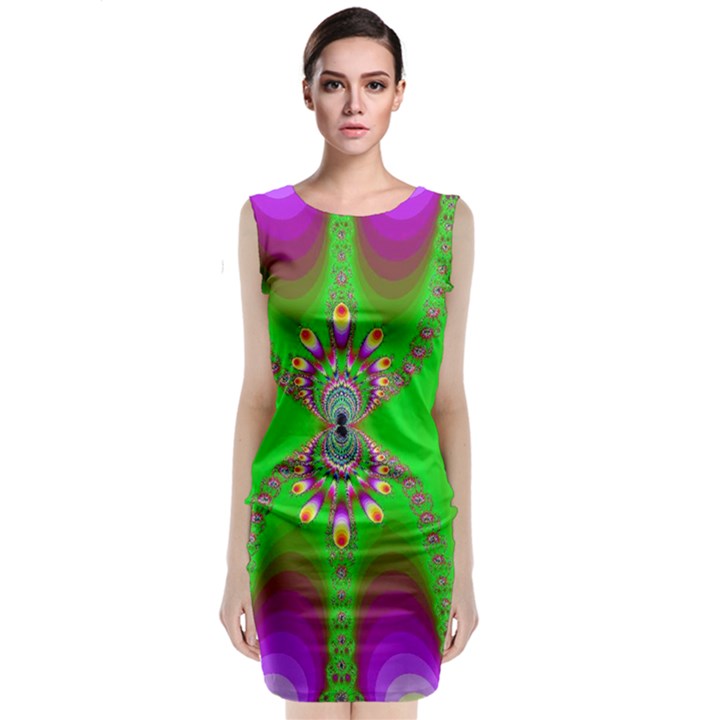 Green And Purple Fractal Sleeveless Velvet Midi Dress