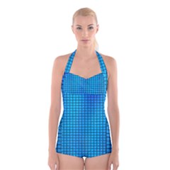 Seamless Blue Tiles Pattern Boyleg Halter Swimsuit  by Amaryn4rt