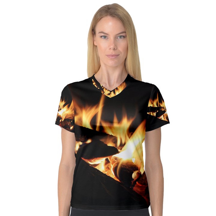 Bonfire Wood Night Hot Flame Heat Women s V-Neck Sport Mesh Tee