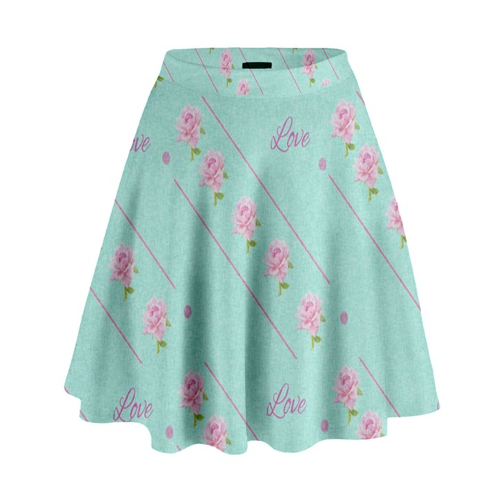 Love Flower Blue Background Texture High Waist Skirt