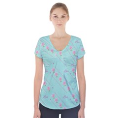 Love Flower Blue Background Texture Short Sleeve Front Detail Top