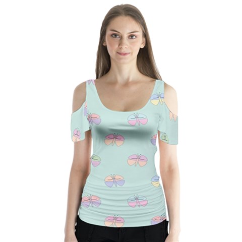 Butterfly Pastel Insect Green Butterfly Sleeve Cutout Tee  by Nexatart