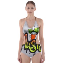 Graffiti Word Character Print Spray Can Element Player Music Notes Drippy Font Text Sample Grunge Ve Cut-out One Piece Swimsuit by Foxymomma