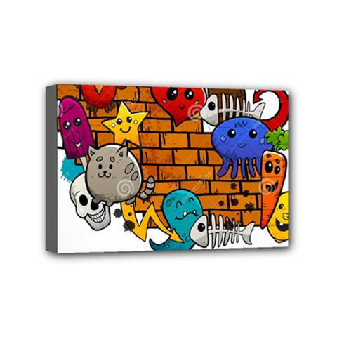 Graffiti Characters Flat Color Concept Cartoon Animals Fruit Abstract Around Brick Wall Vector Illus Mini Canvas 6  X 4  by Foxymomma