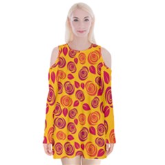 Orange Roses Velvet Long Sleeve Shoulder Cutout Dress by Valentinaart