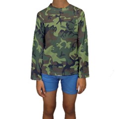 Camouflage Green Brown Black Kids  Long Sleeve Swimwear by Nexatart