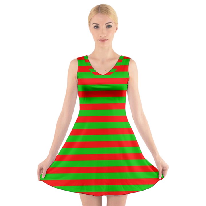 Pattern Lines Red Green V-Neck Sleeveless Skater Dress