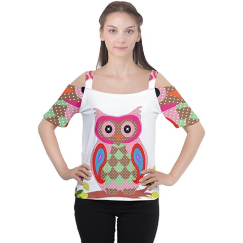 Owl Colorful Patchwork Art Women s Cutout Shoulder Tee by Nexatart