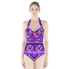 Seamless Purple Pink Pattern Halter Swimsuit