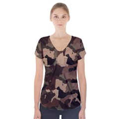 Background For Scrapbooking Or Other Camouflage Patterns Beige And Brown Short Sleeve Front Detail Top by Nexatart
