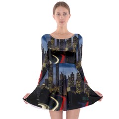 Building And Red And Yellow Light Road Time Lapse Long Sleeve Skater Dress by Nexatart