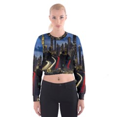 Building And Red And Yellow Light Road Time Lapse Women s Cropped Sweatshirt by Nexatart