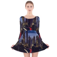 Building And Red And Yellow Light Road Time Lapse Long Sleeve Velvet Skater Dress by Nexatart