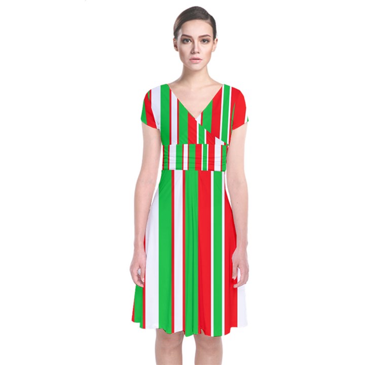 Christmas Holiday Stripes Red green,white Short Sleeve Front Wrap Dress