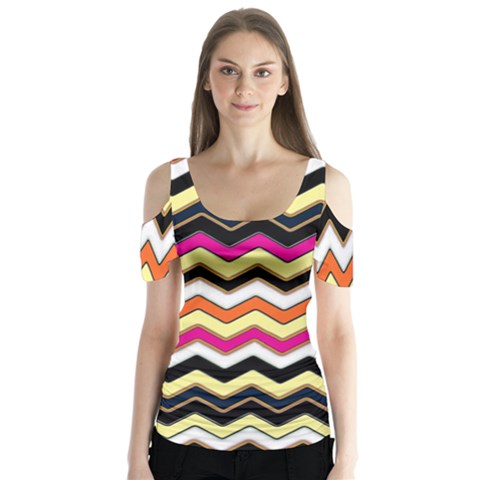 Colorful Chevron Pattern Stripes Butterfly Sleeve Cutout Tee  by Nexatart