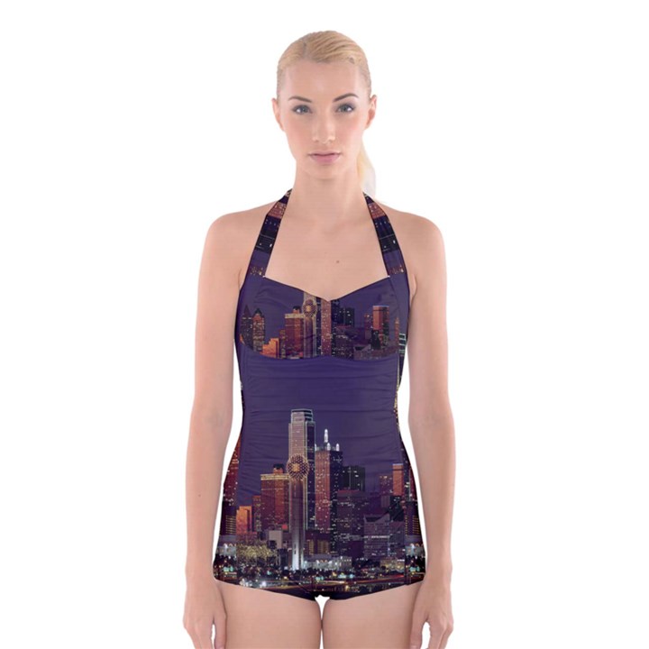 Dallas Texas Skyline Dusk Boyleg Halter Swimsuit 