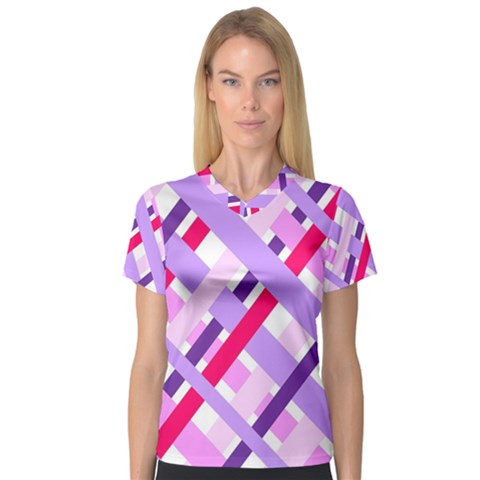 Diagonal Gingham Geometric Women s V-neck Sport Mesh Tee by Nexatart