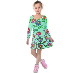 Flowers Floral Doodle Plants Kids  Long Sleeve Velvet Dress by Nexatart