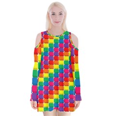 Rainbow 3d Cubes Red Orange Velvet Long Sleeve Shoulder Cutout Dress by Nexatart