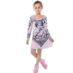 Heart Drawing Angel Vintage Kids  Long Sleeve Velvet Dress by Nexatart