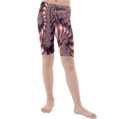 Fractal Abstract Red White Stripes Kids  Mid Length Swim Shorts