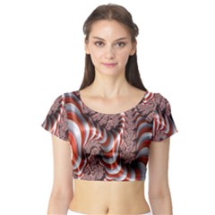 Fractal Abstract Red White Stripes Short Sleeve Crop Top (Tight Fit)