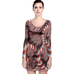 Fractal Abstract Red White Stripes Long Sleeve Bodycon Dress