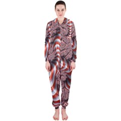 Fractal Abstract Red White Stripes Hooded Jumpsuit (ladies)  by Nexatart
