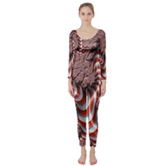 Fractal Abstract Red White Stripes Long Sleeve Catsuit