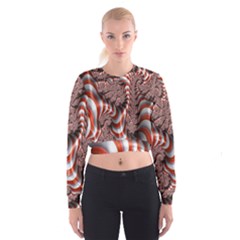 Fractal Abstract Red White Stripes Women s Cropped Sweatshirt