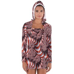 Fractal Abstract Red White Stripes Women s Long Sleeve Hooded T-shirt