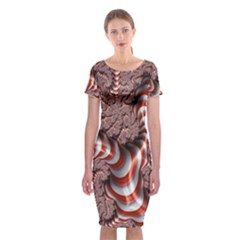 Fractal Abstract Red White Stripes Classic Short Sleeve Midi Dress