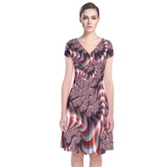 Fractal Abstract Red White Stripes Short Sleeve Front Wrap Dress