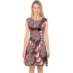 Fractal Abstract Red White Stripes Capsleeve Midi Dress