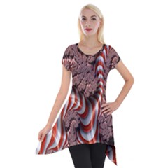 Fractal Abstract Red White Stripes Short Sleeve Side Drop Tunic by Nexatart