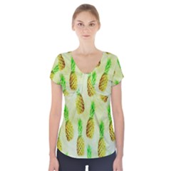 Pineapple Wallpaper Vintage Short Sleeve Front Detail Top by Nexatart