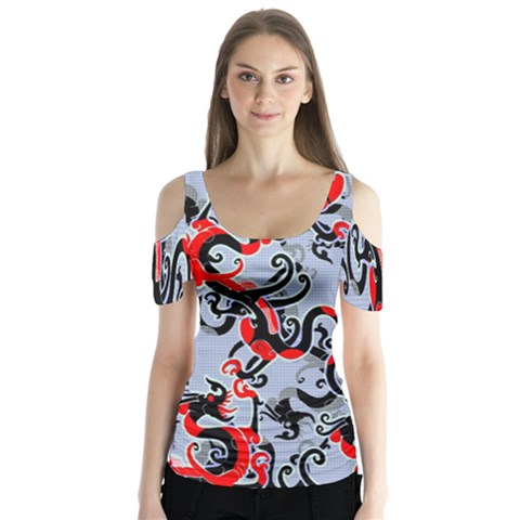 Dragon Pattern Butterfly Sleeve Cutout Tee  by Nexatart