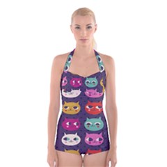 Colorful Kitties Boyleg Halter Swimsuit 