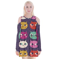 Colorful Kitties Velvet Long Sleeve Shoulder Cutout Dress by Brittlevirginclothing