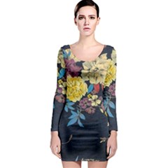 Deep Blue Vintage Flowers Long Sleeve Bodycon Dress