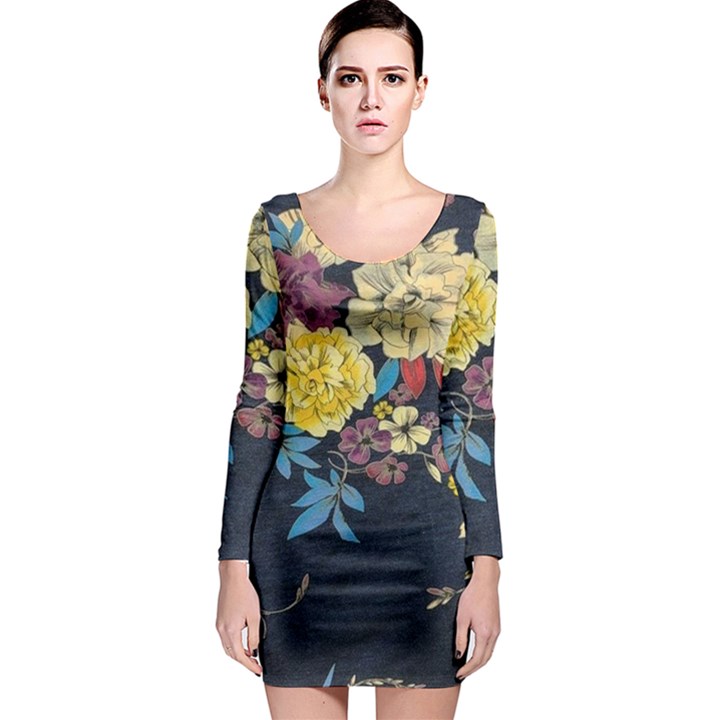 Deep blue vintage flowers Long Sleeve Bodycon Dress