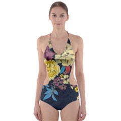 Deep Blue Vintage Flowers Cut-out One Piece Swimsuit by Brittlevirginclothing